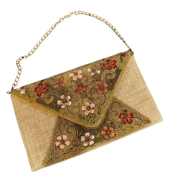 Vintage Lasa Gold Embroidered Clutch Purse with Chain Strap